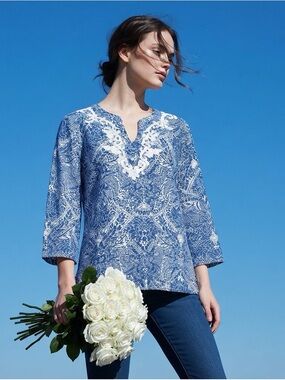 Chicos 3 X-Large 16 Blue Floral Linen Embroidered 3-4 Sleeve Popover Tunic Top